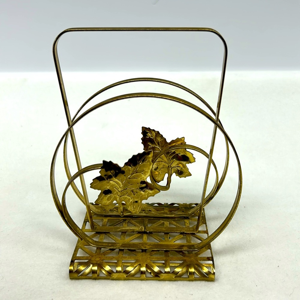 Mid Century gold tone metal ornate leaf design napkin/ letter holder